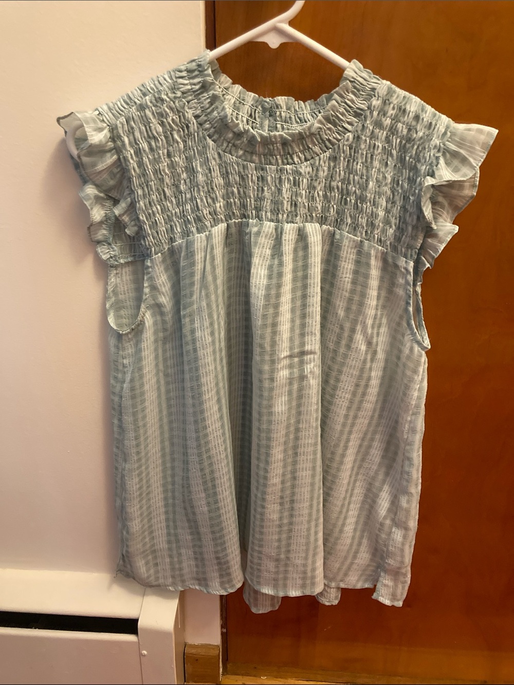 Mystree Pale Blue Smocked Ruffle Top